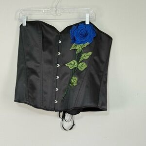 Bustier Corset Plus Size Black Blue Flower Embroidered Lace Up Back Satin Sz XXL